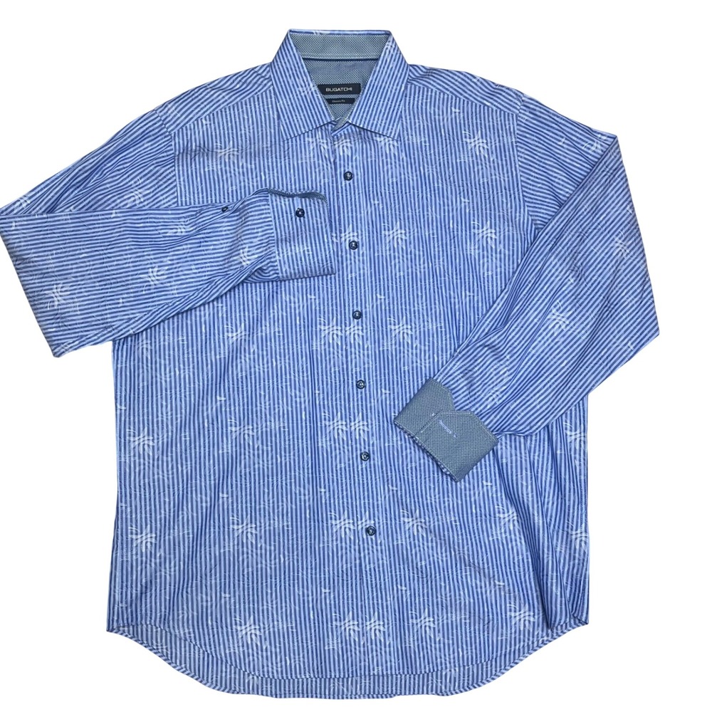 Bugatchi Button Down Shirt Mens Medium Blue Striped Jacquard Classic Fit LS